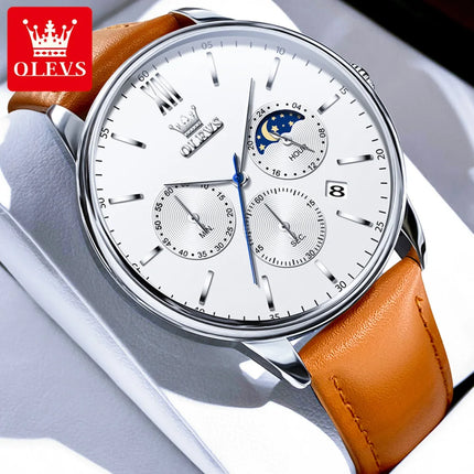 OLEVS 2024 New Men's Quartz Watches Luxury Leather Strap Waterproof Chronograph Moon Phase Man Watch Fashion Sport Watch for Men