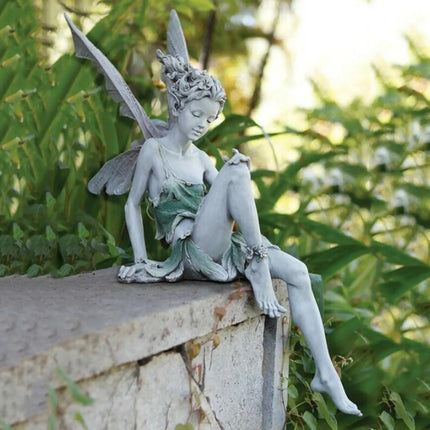 Sitting Fairy Statue Yard Pond Fountain Decorative Fairy with Wing Figurine Lawn Nordic Hand Carving Sculpture Ornament Arts