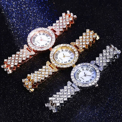 Luxury Women Shiny Bracelet Watches 2pcs Set Rose Gold Watch Fashion Ladies Elegant Quartz Diamond Wristwatch Female Reloj Mujer