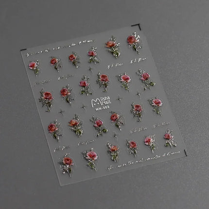 Gold Silver Pink Red Rose Flowers 3D Self Adhesive Nail Art Decorations Stickers High Quality Fashion Manicure Decals Wholesale