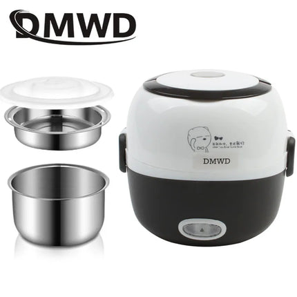 DMWD Electric Mini rice cooker 2/3 layers stainless steel liner portable egg boiler steamer food warmer lunch box multicooker 2L