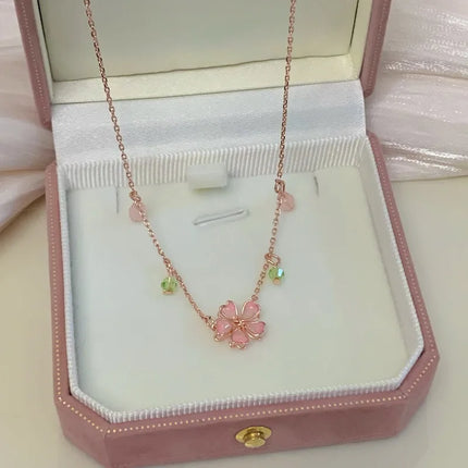 Exquisite Cherry Blossoms Flower Necklace For Women Crystal Zircon Rose Heart Butterfly Clavicle Chain Wedding Romantic Jewelry