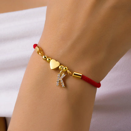 New Stainless Steel Gold Color Heart A-Z Initial Letter Bracelet Men Luck Red Rope Charm Bracelet For Women Men Jewelry Gift