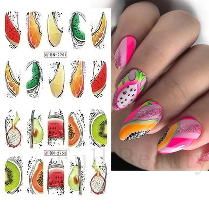 Nail Art Fruit Water Transfer Sticker Summer Watermelon Avocado Slider for Nail Lemon Abstract Line Design Manicure Decal Decor