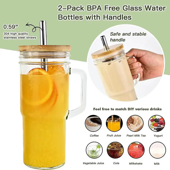 24OZ Glass Cup With Wooden Lid Straw Transparent Pearl Milk  Juice Milk Thickened Glass Cup Breakfast Cup Drinkware Coffee Mug