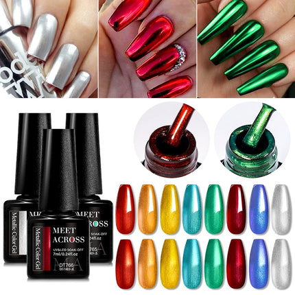 MEET ACROSS 8 Colors Mirror Gel Nail Polish Long-lasting Quick-drying Metallic Gold Silver Red Semi Permanent Varnish Nails Art