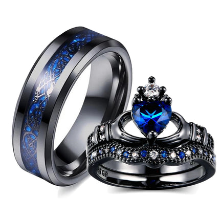 Charm Couple Ring Men's Stainless Steel Celtic Dragon Ring Blue Zircon Women's Ring Sets Valentine's Day Wedding Band Jewelry