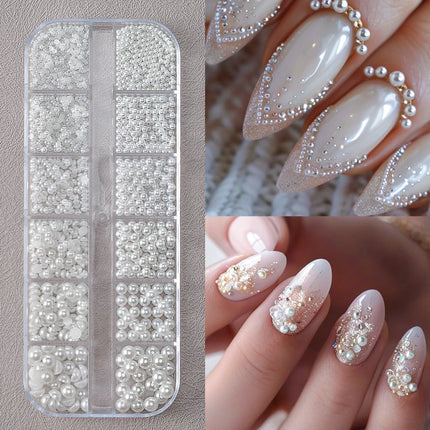 About 2000pcs Nail Art White Pearl Charms Half Round&Round Pearl Jewelry 6Sizes Glossy Pearl Parts For DIY Nails/Body/Face Decor