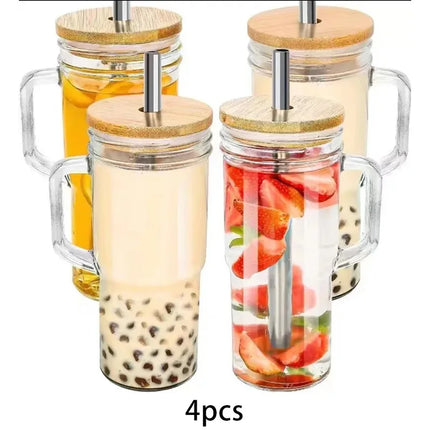 24OZ Glass Cup With Wooden Lid Straw Transparent Pearl Milk  Juice Milk Thickened Glass Cup Breakfast Cup Drinkware Coffee Mug