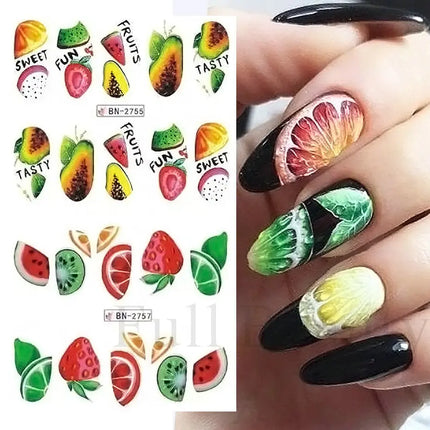 Nail Art Fruit Water Transfer Sticker Summer Watermelon Avocado Slider for Nail Lemon Abstract Line Design Manicure Decal Decor