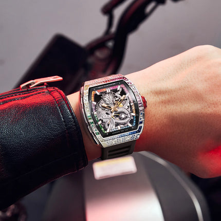 GEYA Dragon Automatic Mechanical Men’s Watch, Skeleton Dial with Multi-Color Diamonds Tonneau Chinese loong Analog Watches 78175