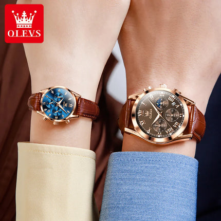 OLEVS Lover Watches Top Brand Luxury Couple Quartz Watch Waterproof Leather Chronograph Watch for Women and Men Couple Gift