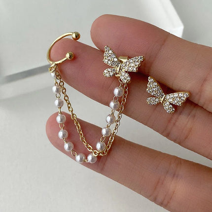 Korean Fashionable Rhinestone Butterfly Drop Earrings - Trendy Metal Chain Jewelry for Women and Girls