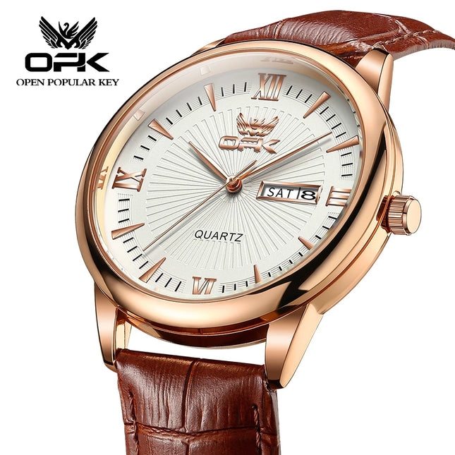 OPK 6014 New Classic Fashion Quartz Man Wrist Watches Dual Calendar Original Watch For Men Waterproof Leather Luxury Hand Clock