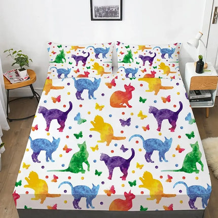 Cartoon Cat Bed Sheet Set,Watercolor Animals Butterfly Cat Fitted Sheet and Pillowcase for Kids Boys Girls Teens Queen Size 3Pcs