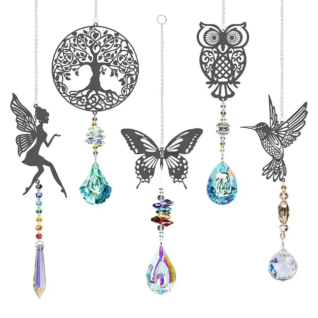 Hanging Crystal Wind Chimes Sun Catcher Fairy Butterflies Stained Glass Sun Catcher Window Drop Bell for Room Garden Decor