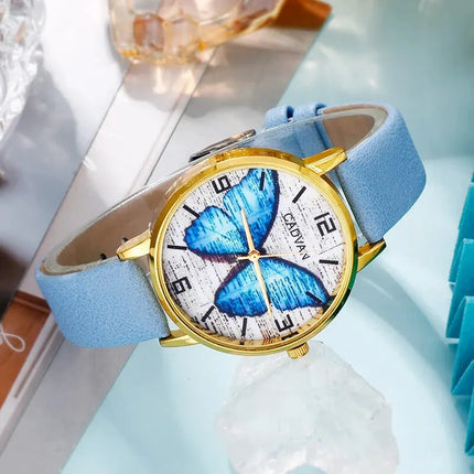 New Blue Butterfly Watch Set for Women Fashion Casual Quartz Wristwatch Ladies Elegant Leather Band Bracelet Watches Gifts