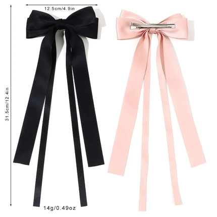 Korean Solid Color Ribbon Double Bowknot Hair Clips for Women Girls Trendy Big Bow Long Tassel Silver Barrettes Pin Accessories