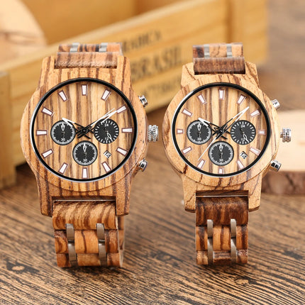 Antique Stylish Zebrawood Stainless Steel Couples Watches Quartz Wristwatch Auto-Date Chronogragh Dials Luxury Wooden Timepiece