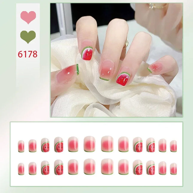 24Pcs/Box 2022 Cute and Playful Frozen Watermelon Women Girls  Nail Art Fake Nails Handmade Coffin Cute Kawaii Press-On Nails