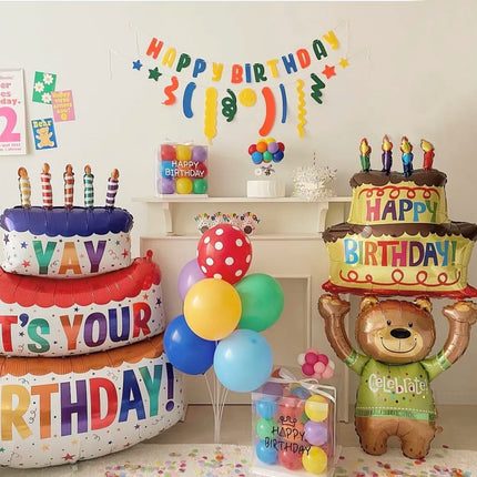 3D Birthday Cake Aluminum Film Balloon Decoration Colored Double Layer Cake 1 Year Old Baby Shower Birthday Party Supplies