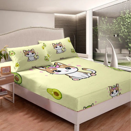 Cartoon Cat Bed Sheet Set,Watercolor Animals Butterfly Cat Fitted Sheet and Pillowcase for Kids Boys Girls Teens Queen Size 3Pcs