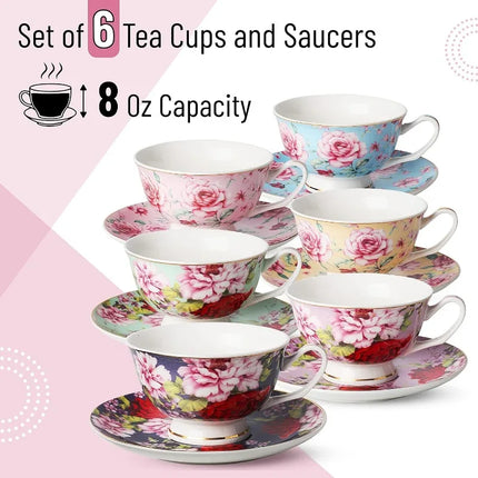 Tea Cups and Saucers Set of 6, Tea Set, Floral Tea Cups (8oz), Cups and Saucers Set,  Porcelain