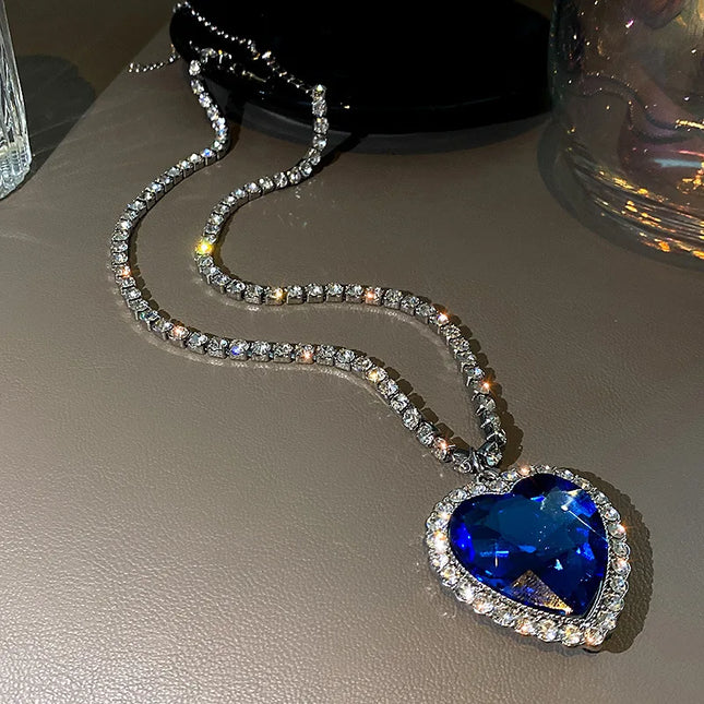 Big Crystal Heart Pendant Necklace for Women Full Rhinestone Necklace Titanic Heart of Ocean Blue Heart Love Forever Jewelry