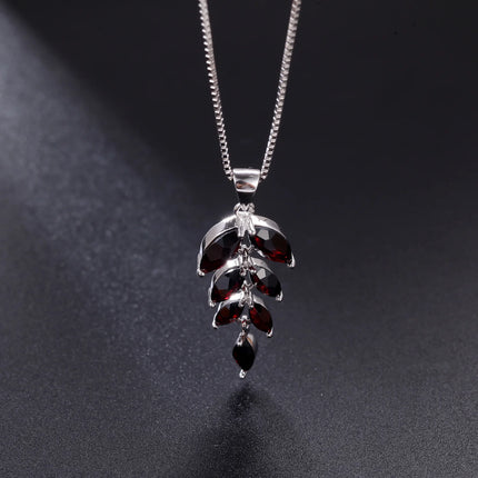 Gem's Ballet Olive Branch Peace Necklace Natural Black Garnet Gemstone Pendant Necklace in 925 Sterling Silver with 18" Chain