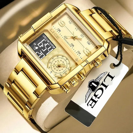 LIGE Luxury Original Men Sports Wrist Watch Gold Quartz Steel Waterproof Dual Display Clock Watches For Men Relogio Masculino