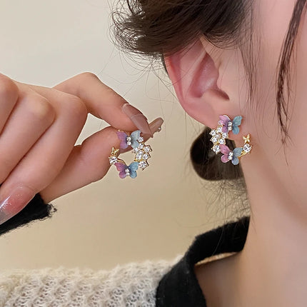 Butterfly Rhinestone Pearl Stud Earrings - Colorful Fashion Jewelry for Women