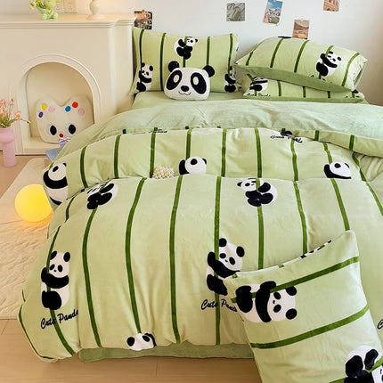 Cute Cartoon Panda 3pcs Duvet Cover Set Sage Green Thickened Milk Velvet Comforter Covers Boys Girls Bedding with Pillowcase