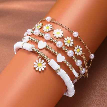 5Pcs/set Multilayer Daisy Flower Pearl Beaded Bracelets For Women Boho Love Heart Flower Beads Metal Chain Bangles Charm Jewelry