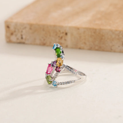 GEM'S BALLET Birthstone Boho Hippie Ring Multi Gemstone Topaz Citrine Peridot Statement Finger Ring in 925 Sterling Silver