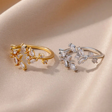 Zircon Leaves Open Rings For Women Gold Color Stainless Steel Leaf Ring Wedding Aesthetic Jewerly Gift anillos mujer