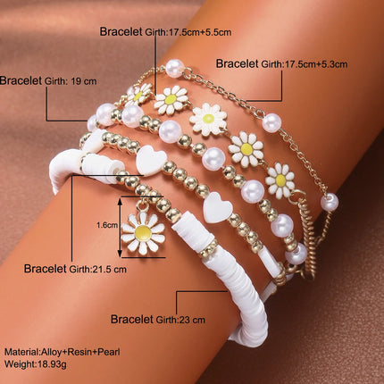 5Pcs/set Multilayer Daisy Flower Pearl Beaded Bracelets For Women Boho Love Heart Flower Beads Metal Chain Bangles Charm Jewelry