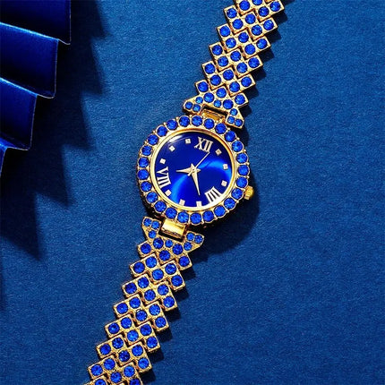 New Luxury Watch Women Necklace Earring Blue Rhinestone Fashion Wristwatch Casual Ladies Watches Jewelry Set Relogio Feminino