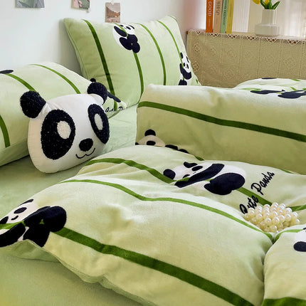 Cute Cartoon Panda 3pcs Duvet Cover Set Sage Green Thickened Milk Velvet Comforter Covers Boys Girls Bedding with Pillowcase