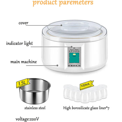 1.5L Electric Yogurt Maker Fermenter Automatic Multifunction Stainless Steel Liner Natto Rice Wine Pickle Machine 7 Yoghurt Cups