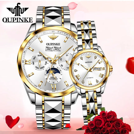 OUPINKE Moon Phase Lovers Mechanical Watch for Men Women Tungsten Steel Strap Wrist Clock Luxury Brand Waterproof Couple Watches