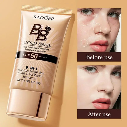 SPF50+ Gold Snail Sunscreen BB Cream Whitening Foundation Concealer Moisturizing Long Lasting Even Skin Tone Makeup Base Primer