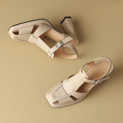 Aucegi Summer 2024 Square Toe Genuine Leather Sandals Dress Women’s Chunky High Heels Buckle Strap Tooling Style Shoes Beige