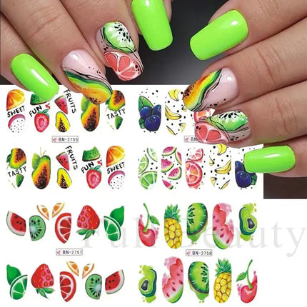 Nail Art Fruit Water Transfer Sticker Summer Watermelon Avocado Slider for Nail Lemon Abstract Line Design Manicure Decal Decor