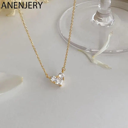 ANENJERY Silver Color Zircon Heart Necklace for Women Shiny Clavicle Chain Jewelry Gift Wholesale