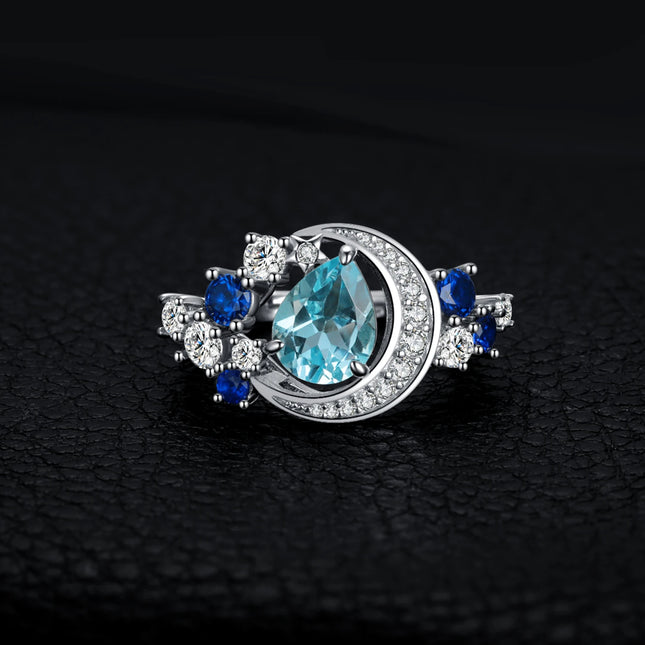 JewelryPalace New Arrival Moon Star 6.8ct Genuine Sky Blue Topaz Created Sapphire 925 Sterling Silver Statement Ring for Woman