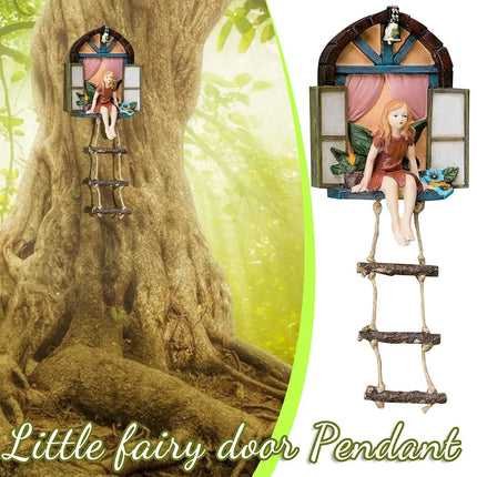 Fairy House Tree Hanging Sculpture Window Fairy Ladder Resin Statue Figurine Outdoor Ornament for Home Garden Yard Art Decor