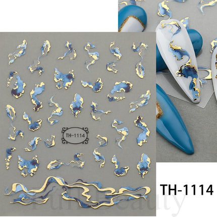 3D Golden Wave Line Nail Sticker Marble Blue Geometry Abstract Flowers Nail Art Sliders Decals Foils Manicure Decorations CHTH