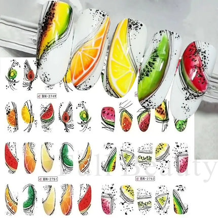 Nail Art Fruit Water Transfer Sticker Summer Watermelon Avocado Slider for Nail Lemon Abstract Line Design Manicure Decal Decor