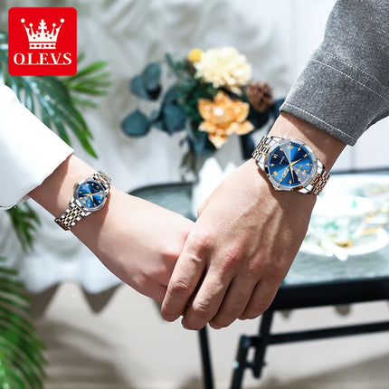 OLEVS Couple Watches Set for His Hers Quartz Wristwatch Men Women Solid Stainless Steel Strap Rhombus Design Lover's Watch Gifts