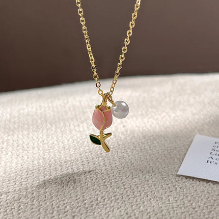 Fashion Women Charm Tulip Flower Pendant Necklace for Women Girl Imitation Pearl Chain Choker Necklace Punk Party Jewelry Gift